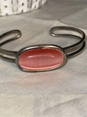 Authentic N.E. FROM Danish Sterling Silver Pink Cabochon Cuff Bracelet Vintage